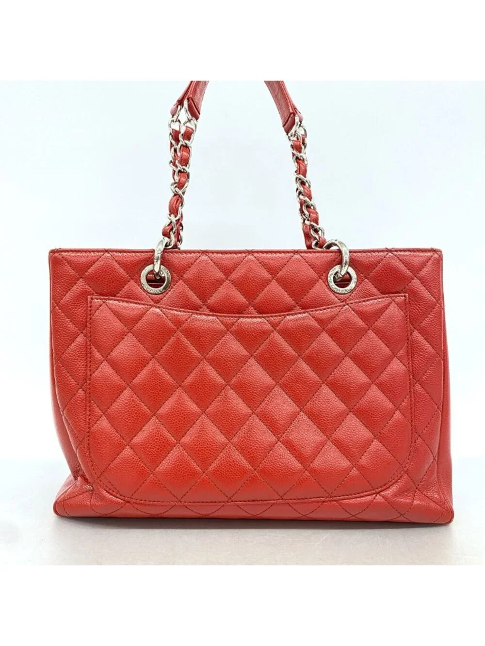 Chanel Chain Tote Bag Quilted Caviar Leather Red Silver